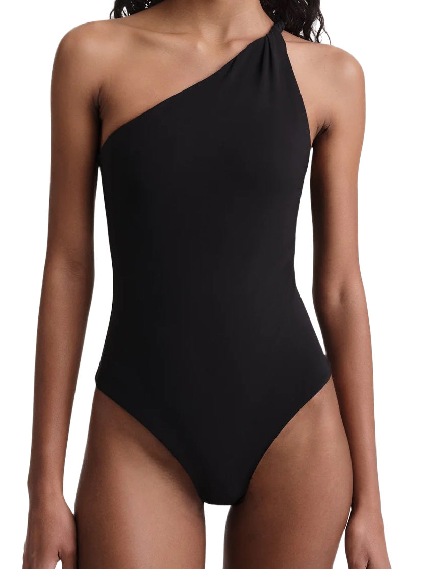 Twist-Strap One-Shoulder Swimsuit in Black
