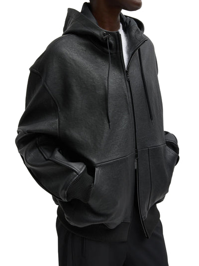 Pebbled Leather Zip Up Hoodie Jacket