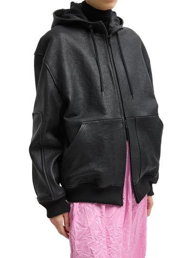 Pebbled Leather Zip Up Hoodie Jacket