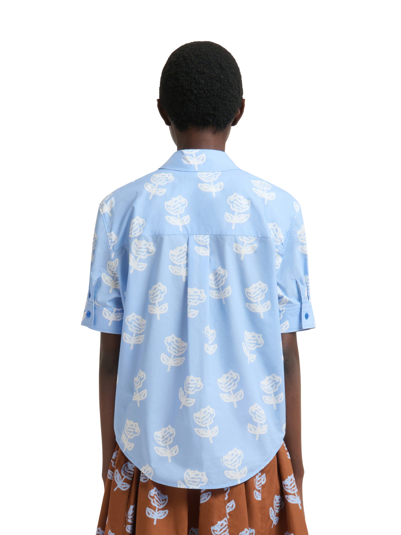 Light Blue Poplin Short-Sleeve Shirt with Sprayed Roses Print