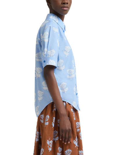Light Blue Poplin Short-Sleeve Shirt with Sprayed Roses Print