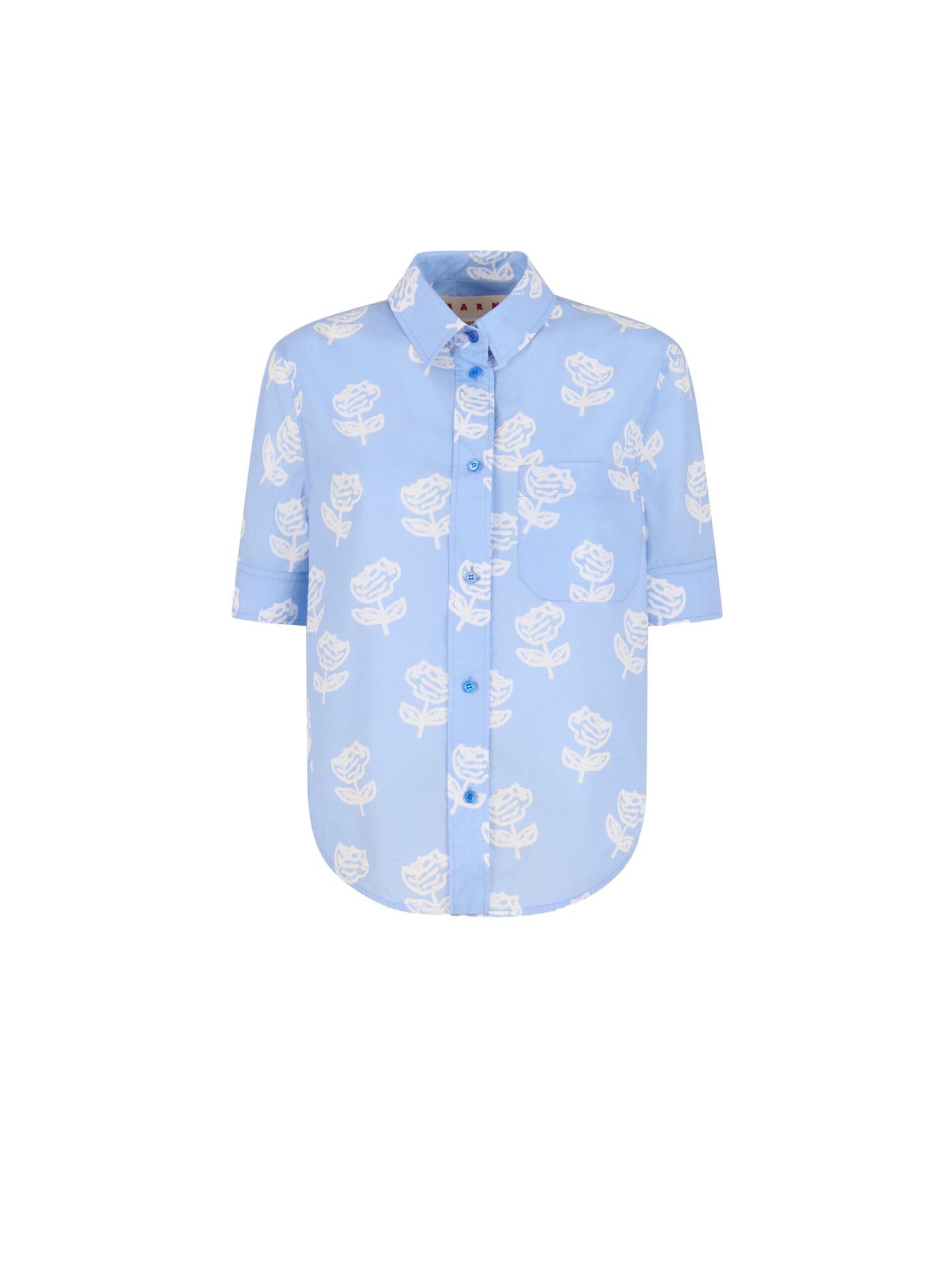Light Blue Poplin Short-Sleeve Shirt with Sprayed Roses Print
