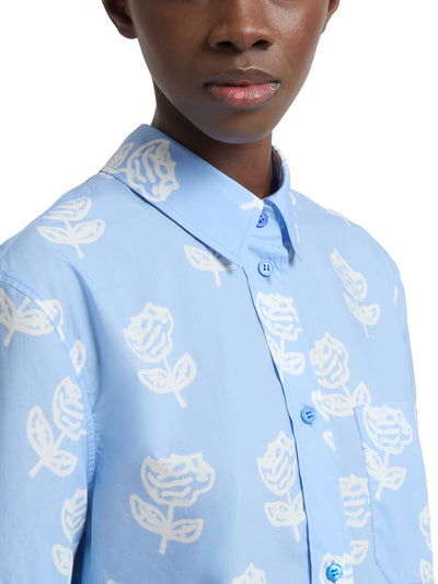 Light Blue Poplin Short-Sleeve Shirt with Sprayed Roses Print