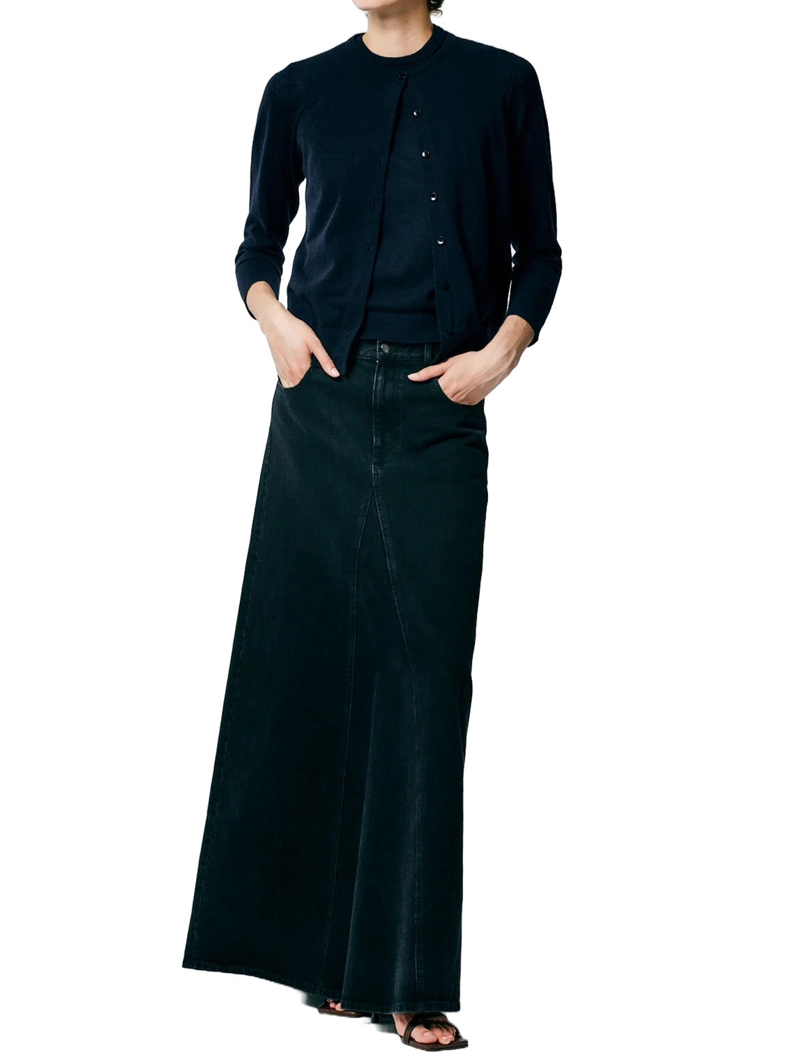 Black Denim Godet Maxi Skirt in Black