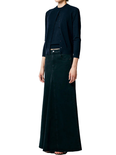 Black Denim Godet Maxi Skirt in Black