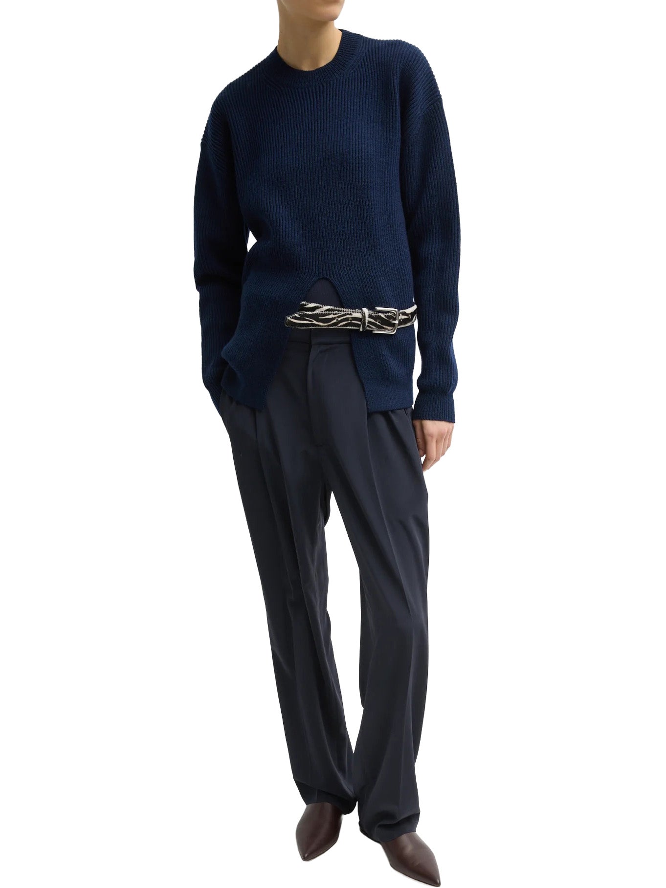 Cardigan Stitch Split Front Crewneck Easy Pullover