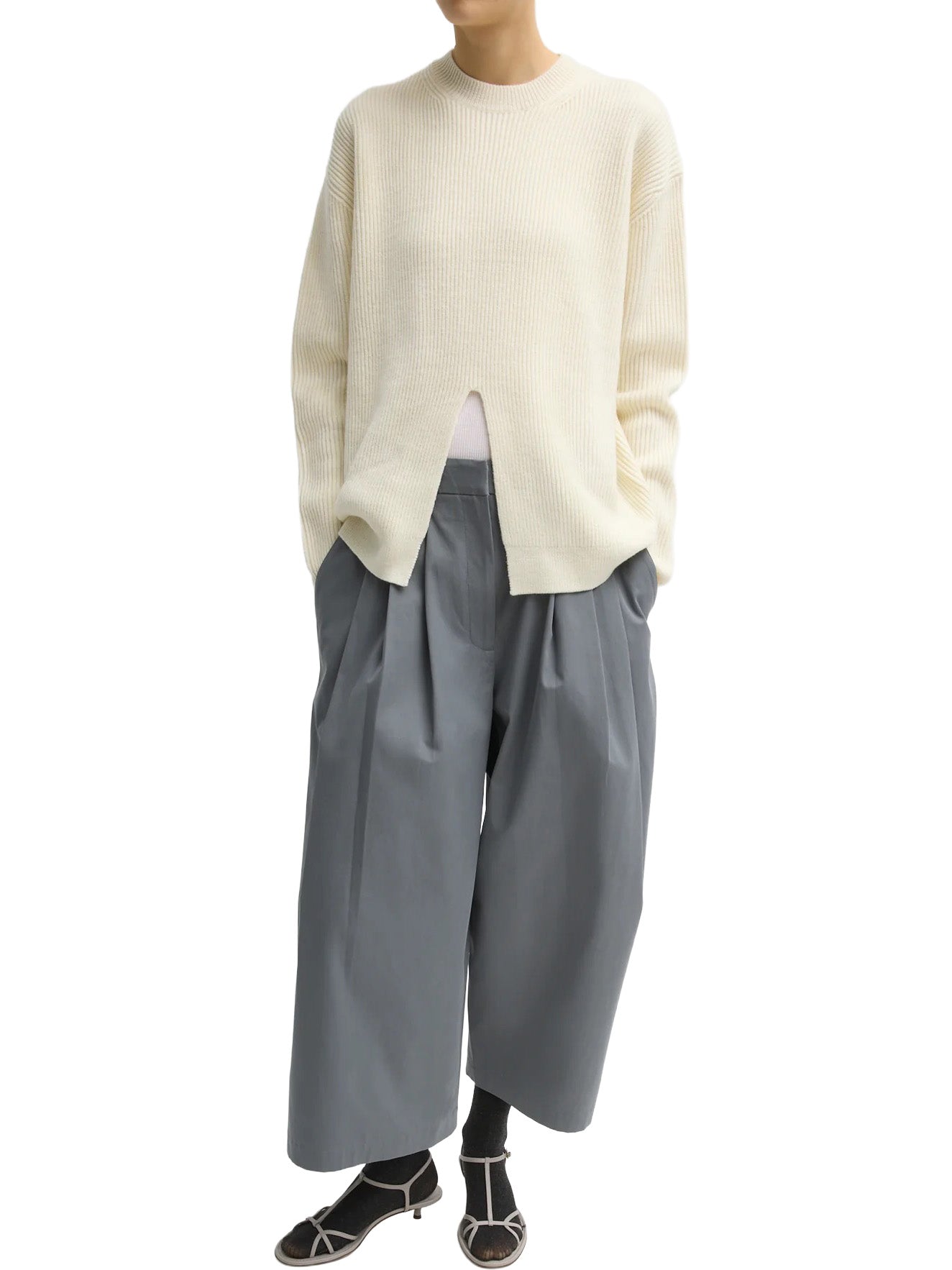 Cardigan Stitch Split Front Crewneck Easy Pullover