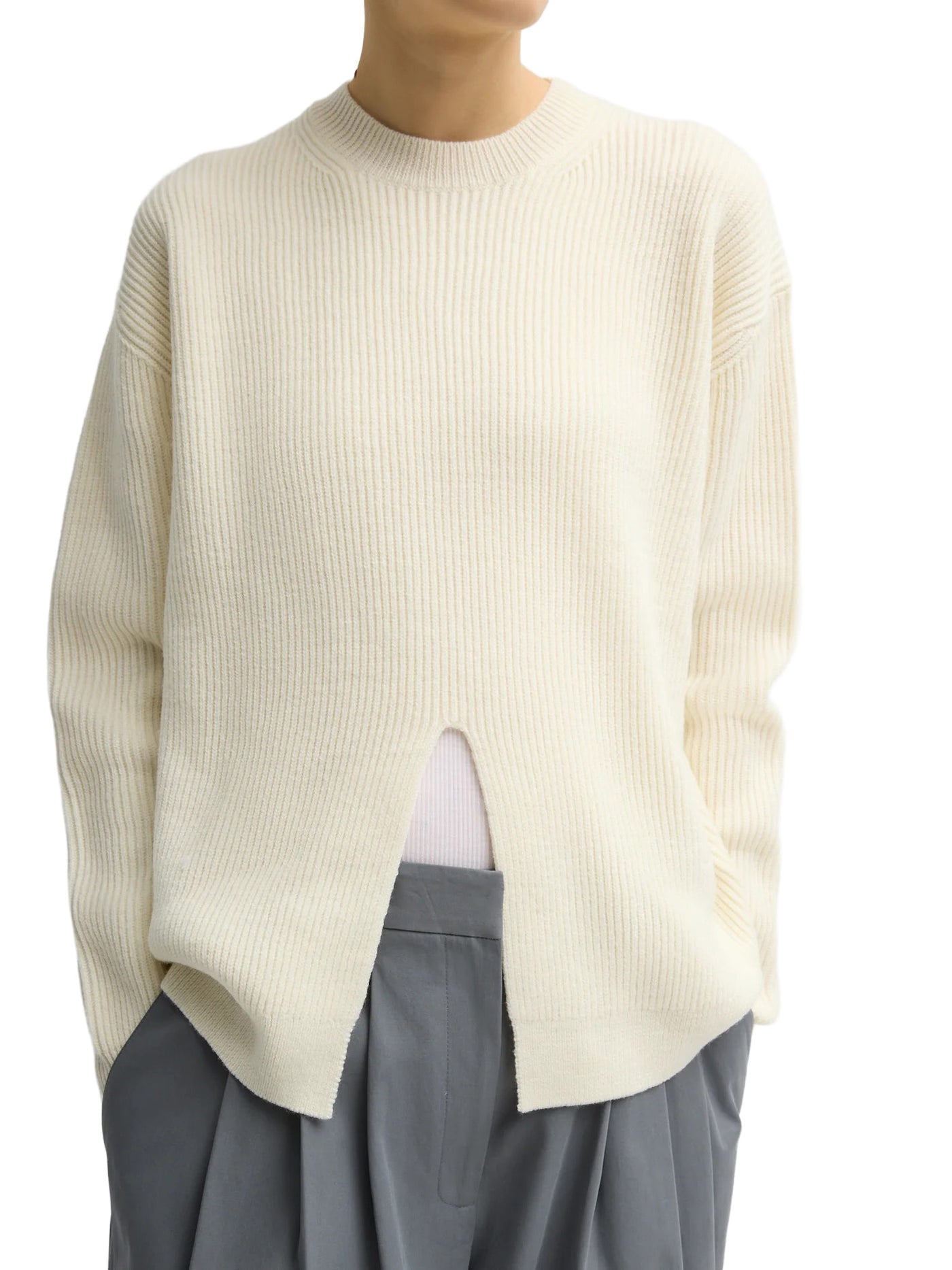 Cardigan Stitch Split Front Crewneck Easy Pullover