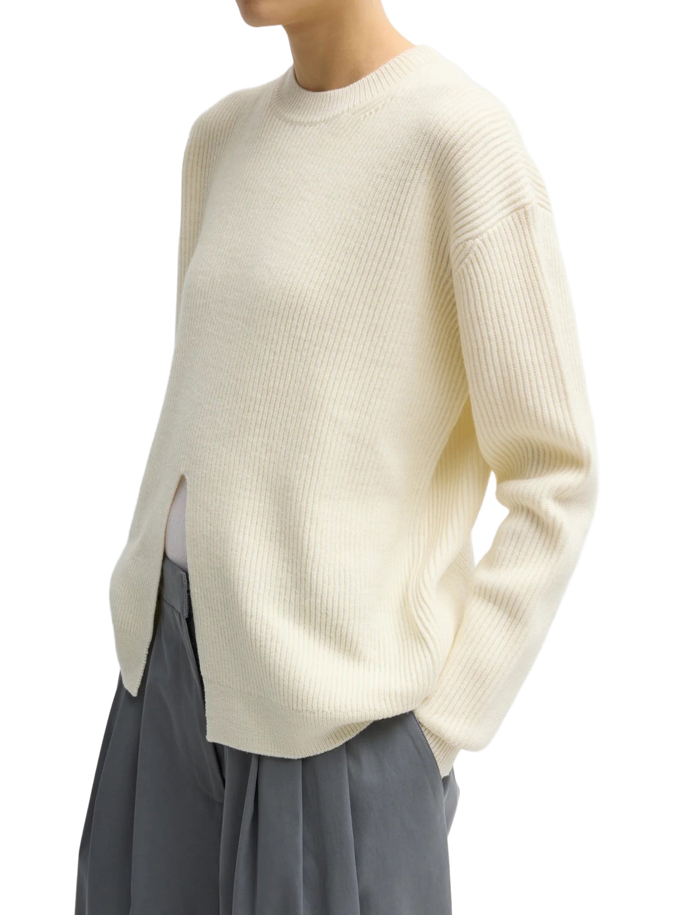 Cardigan Stitch Split Front Crewneck Easy Pullover