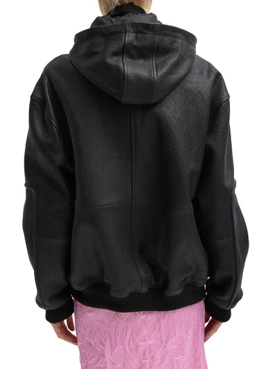 Pebbled Leather Zip Up Hoodie Jacket