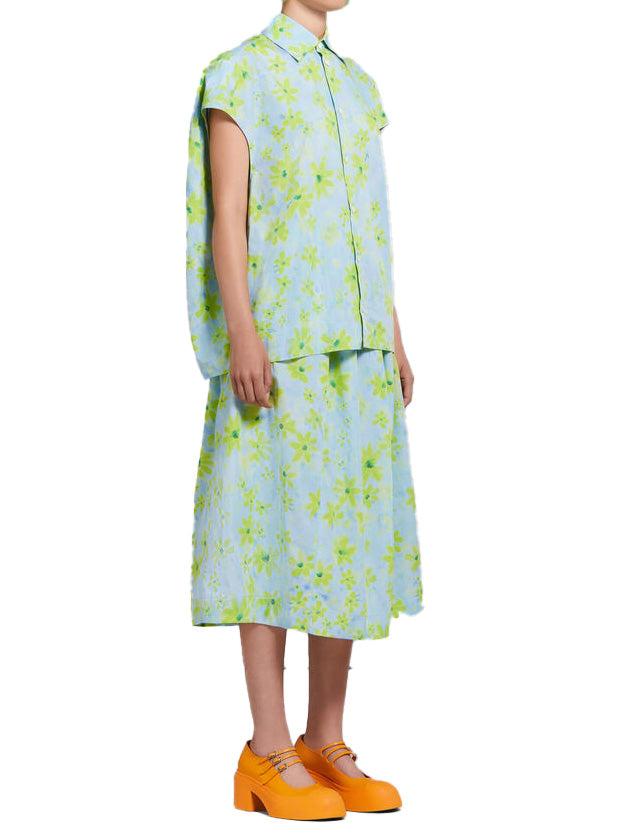 Light Green Poplin High-Waisted Skirt with Parade Print
