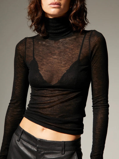 Black Tissue Cashmere Mock Neck