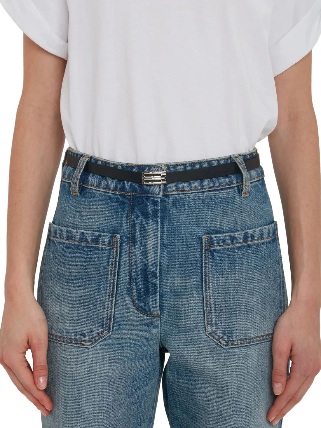 Silver Buckle Micro Dorian Belt In Black Grained Leather