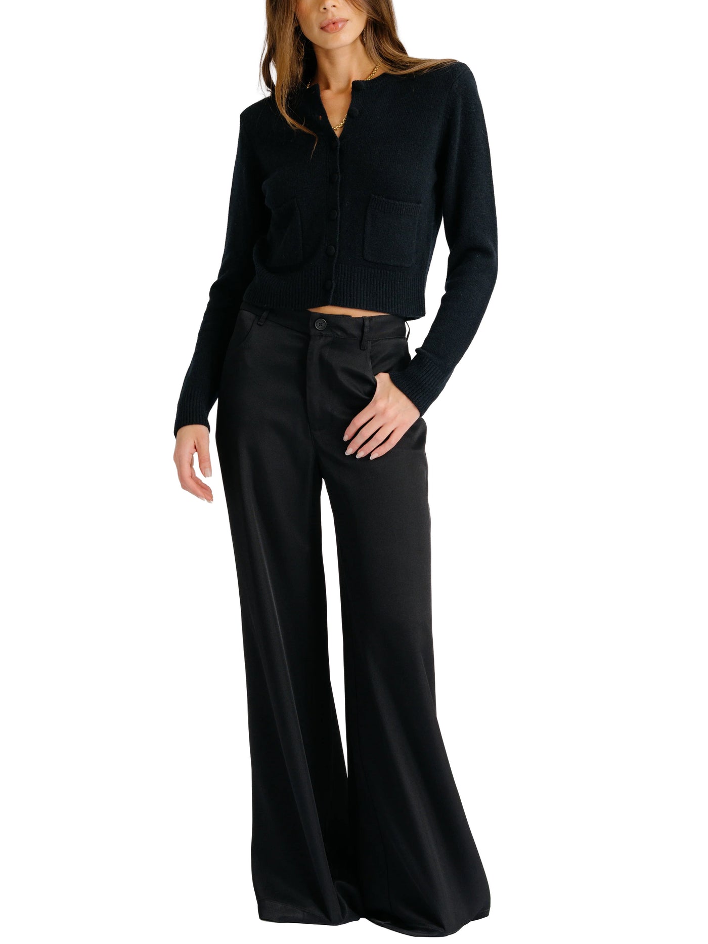 Emilia Shoulder Pad Cashmere Cardigan in Black