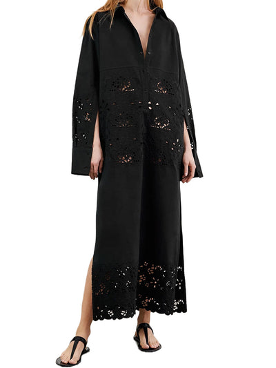 Louanne Embroidered Long Poplin Dress in Black
