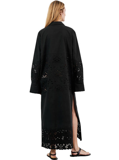 Louanne Embroidered Long Poplin Dress in Black