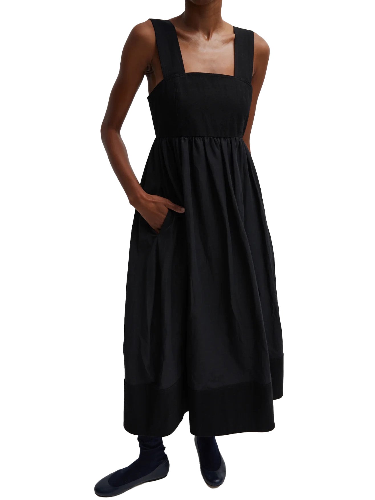 Linen Cotton Voile Sculpted Dress in Black