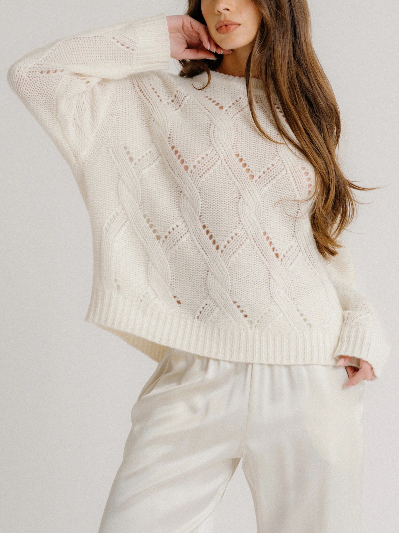Gia Slouchy Cable Knit Sweater in Gardenia