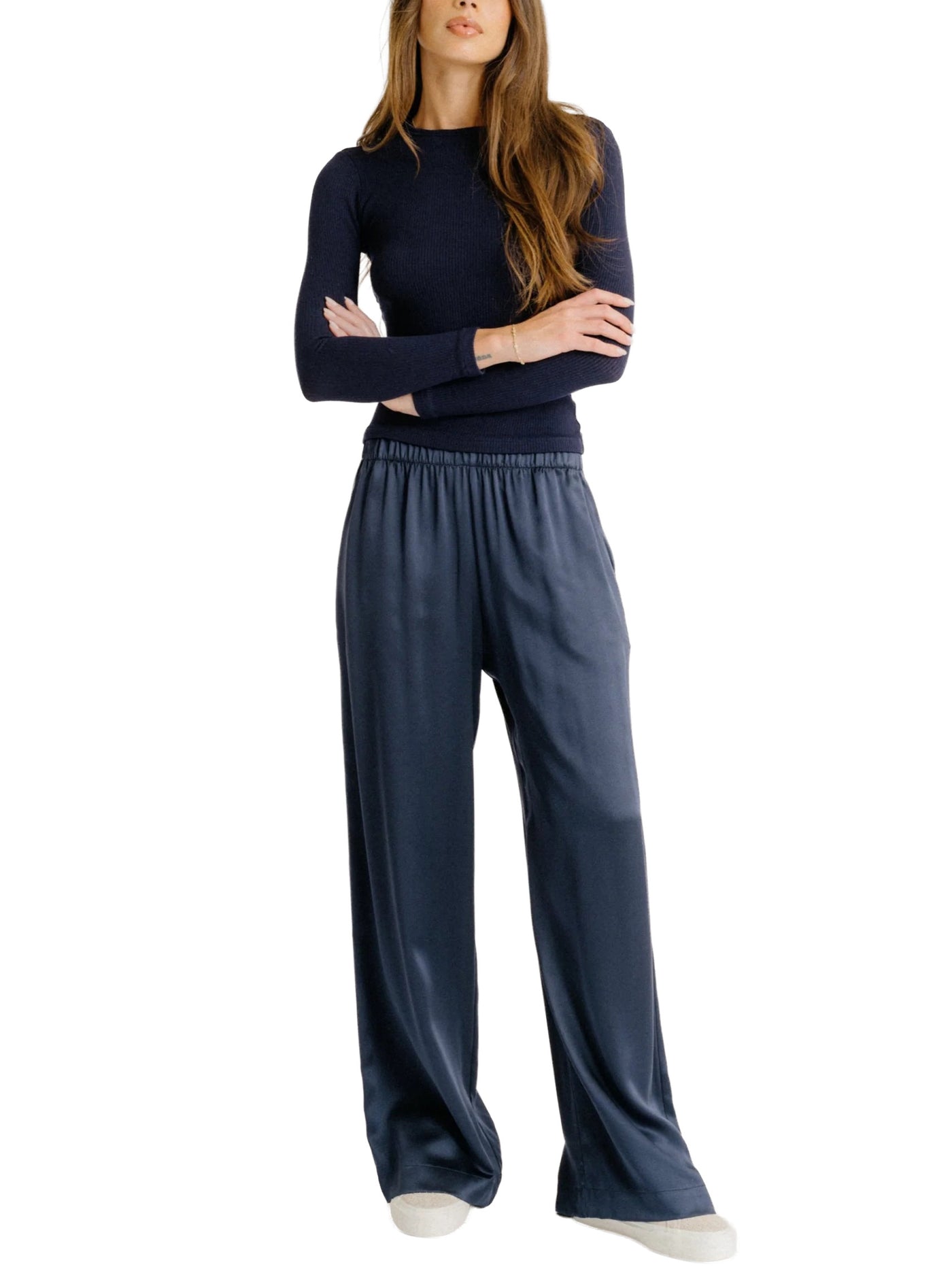 Brynn Wide Leg Silk Pant in Midnight
