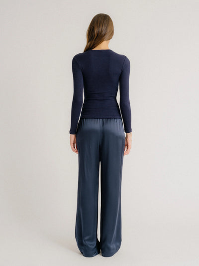 Brynn Wide Leg Silk Pant in Midnight