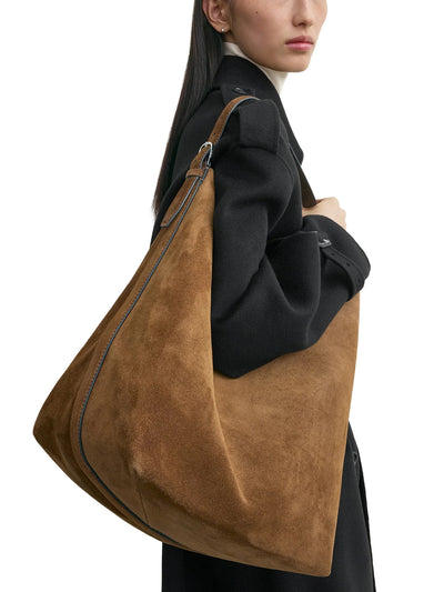 Belted Suede Tote in Tan