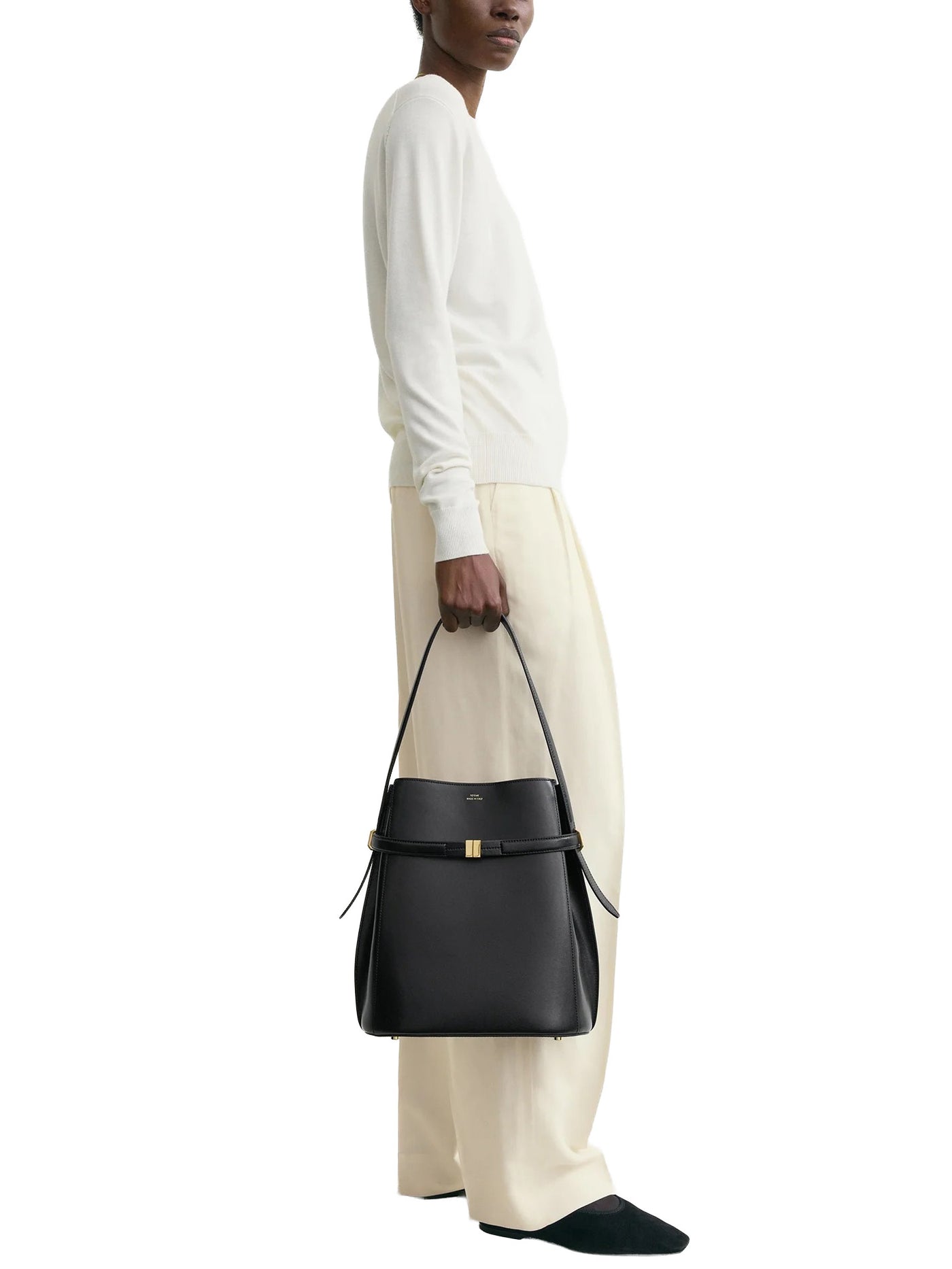 Belted Leather Bucket Bag in Black