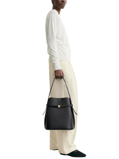 Belted Leather Bucket Bag in Black