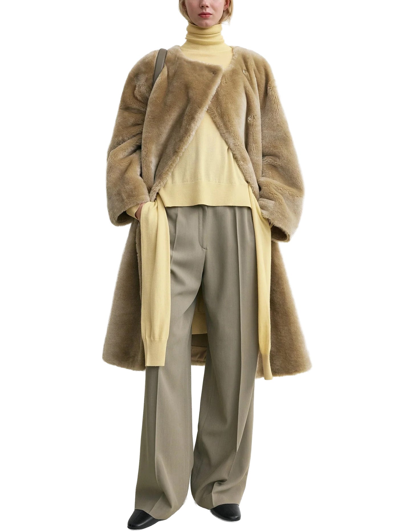 Collarless Shearling Coat Rye