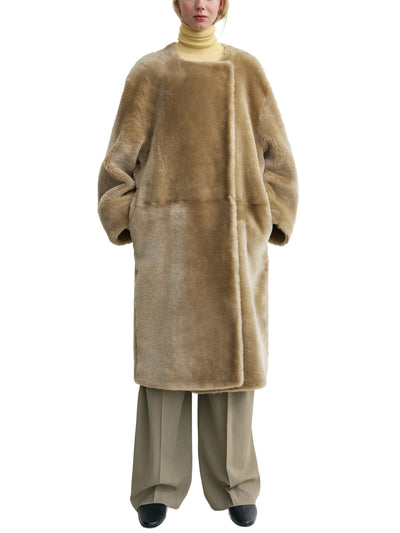 Collarless Shearling Coat Rye