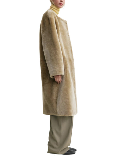 Collarless Shearling Coat Rye