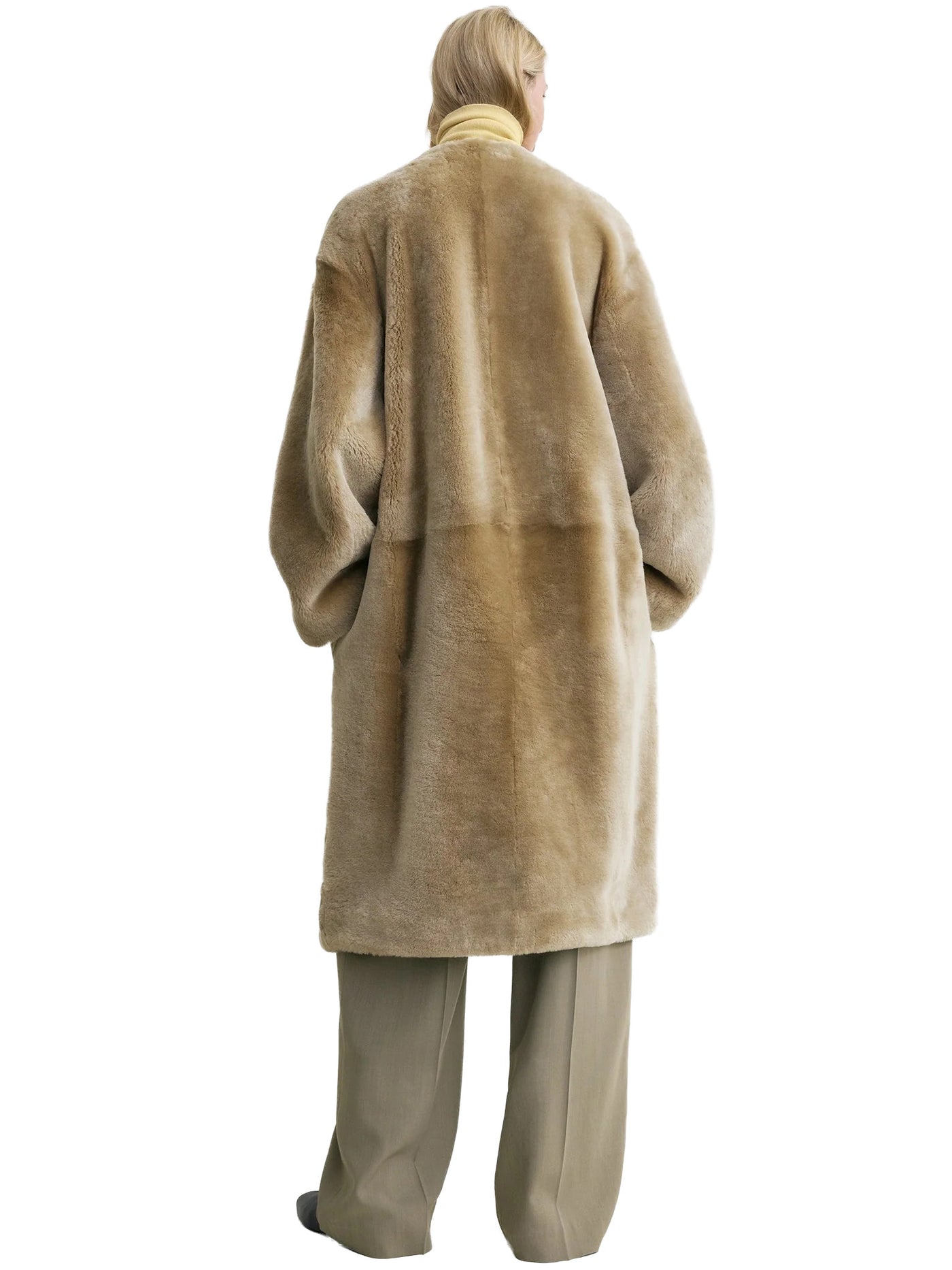 Collarless Shearling Coat Rye