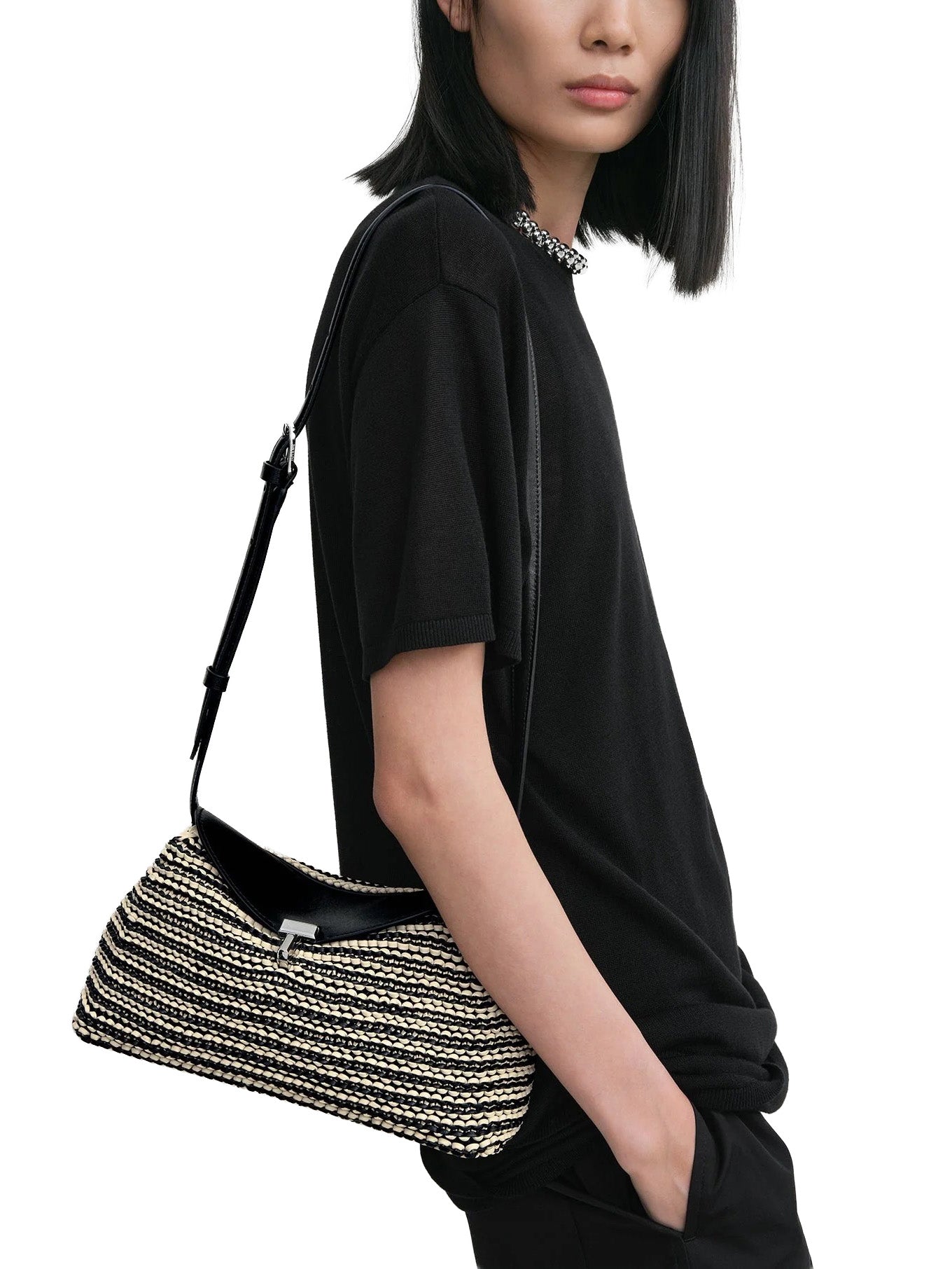 T-Lock Woven-Leather Clutch in Black/Sand