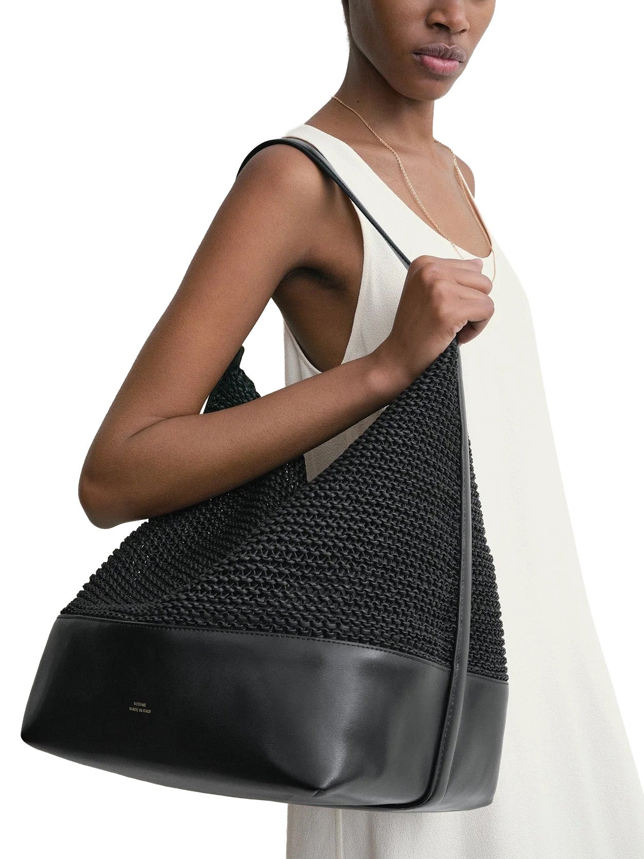 Belted Woven-Leather Tote Black