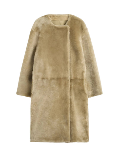 Collarless Shearling Coat Rye
