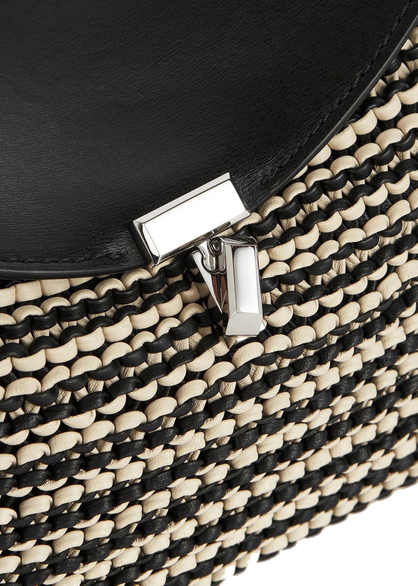T-Lock Woven-Leather Clutch in Black/Sand