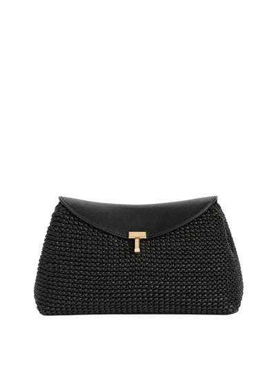 T-Lock Woven-Leather Clutch Black