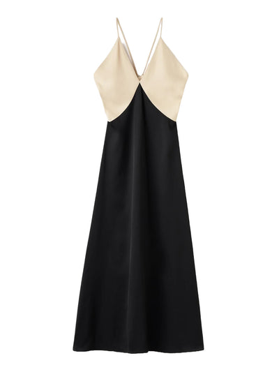 Draped Twill Cami Dress in Black & Sand