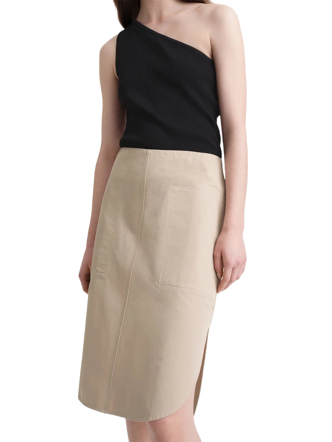 Curved-Hem Cotton Skirt in Overcast Beige