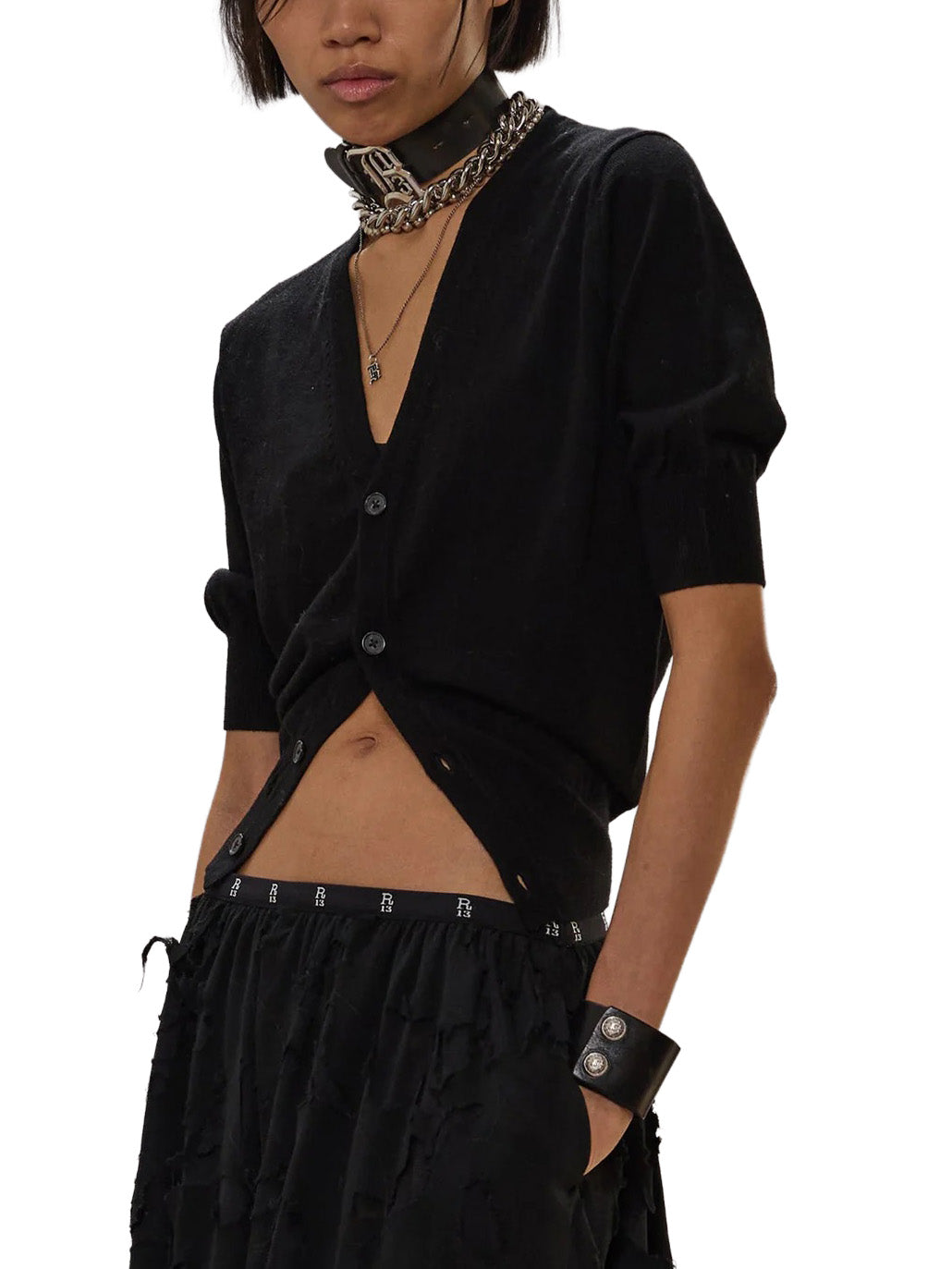 Elbow Sleeve Split Hem Cardigan in Black